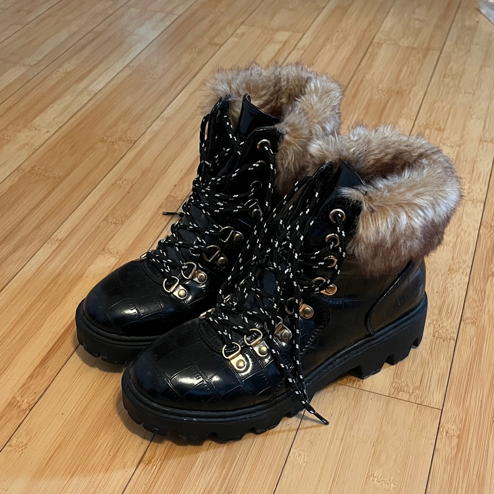 BAMBOO Black and Brown Fur-Lined Combat Boots